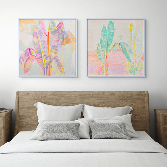 Botanical print set by Kathryn Sillince featuring Peachy Banana Dreams and Red Sunset Banana Leaves Study artwork images.
