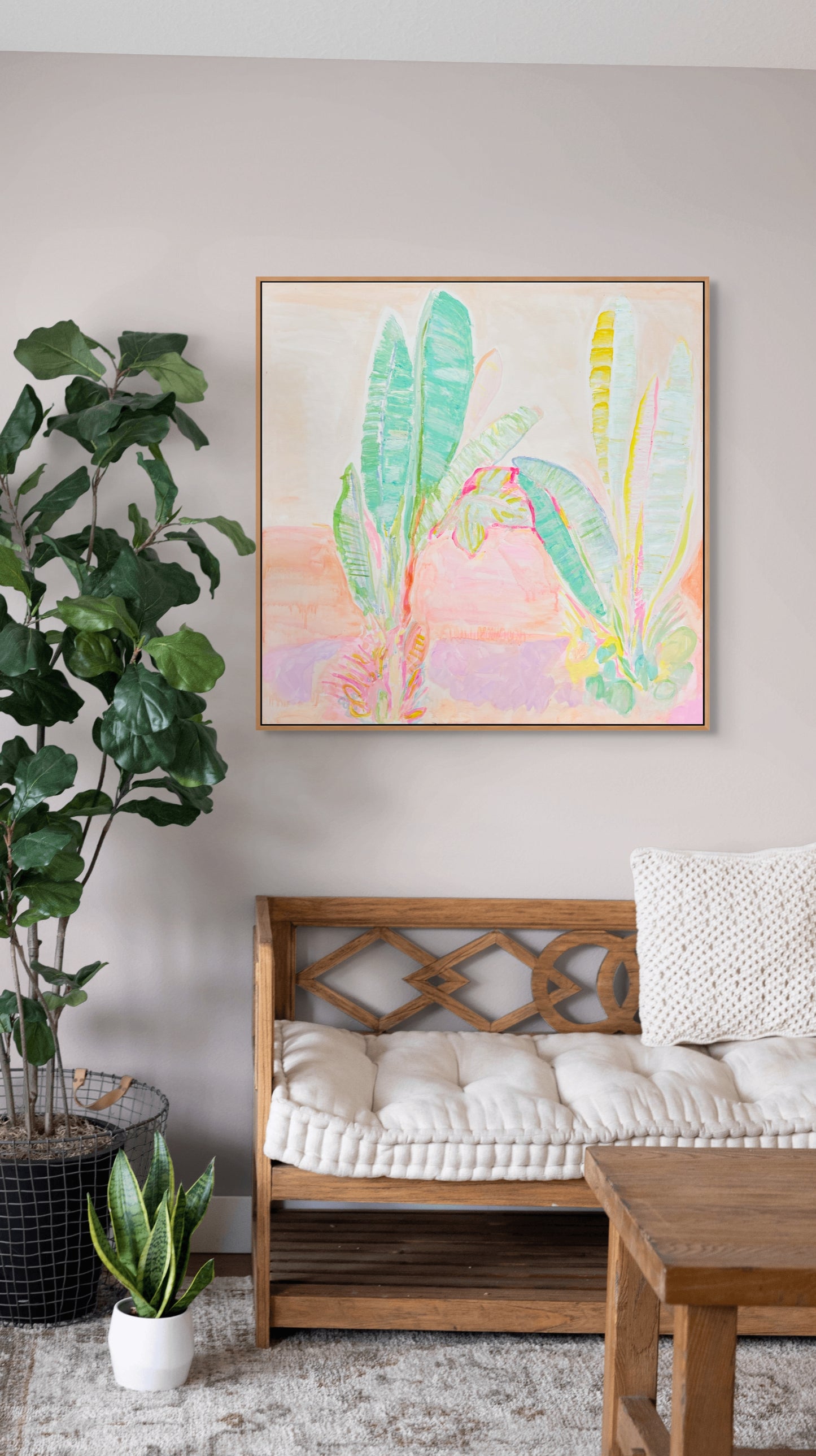 Botanical print set by Kathryn Sillince featuring Peachy Banana Dreams and Red Sunset Banana Leaves Study artwork images.