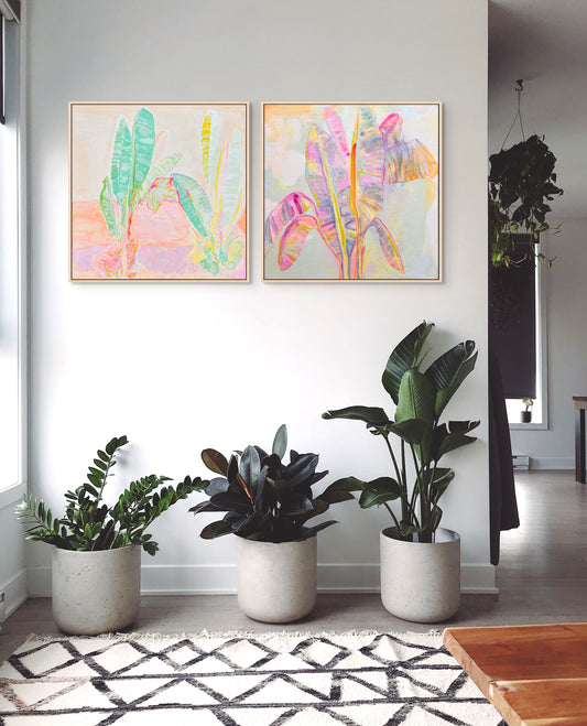 Botanical print set by Kathryn Sillince featuring 'Peachy Banana Dreams' and 'Red Sunset Banana Leaves Study' artwork.