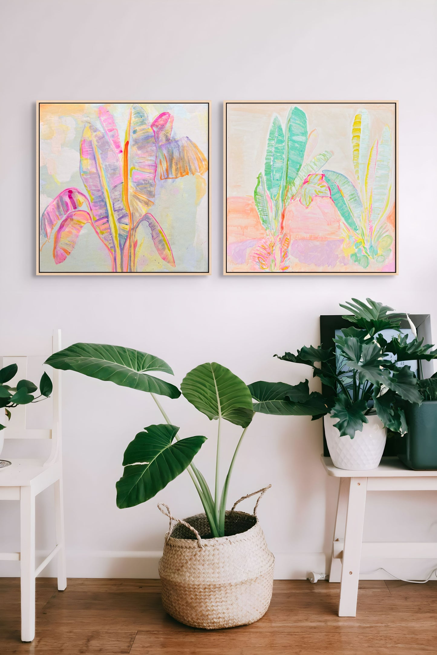 Botanical print set by Kathryn Sillince featuring Peachy Banana Dreams and Red Sunset Banana Leaves Study artwork.