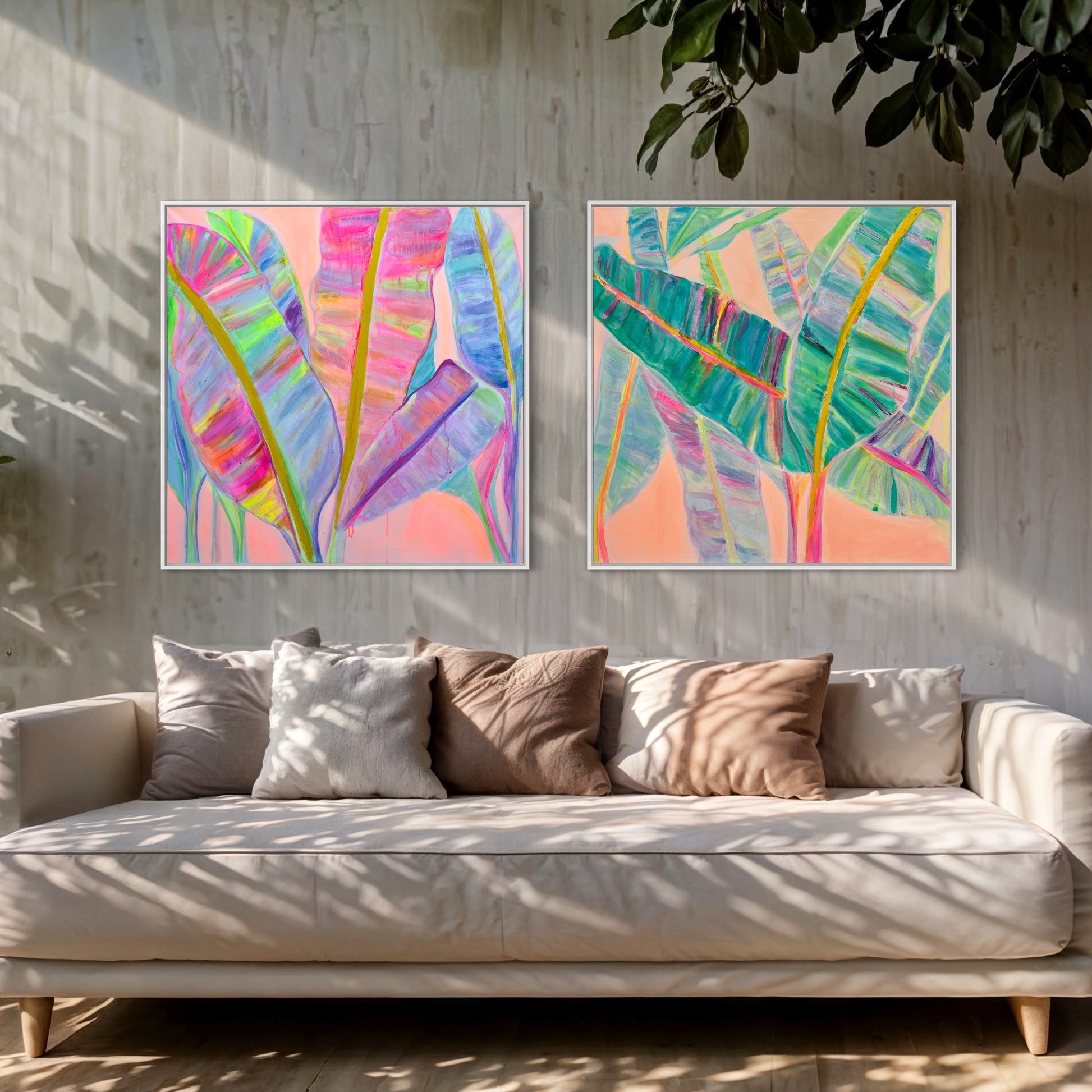 COLOUR POP BOTANICAL PRINT SET: 'Rainbow Banana Leaves' & 'Rainbow Banana Leaves II' - Kathryn Sillince Artist