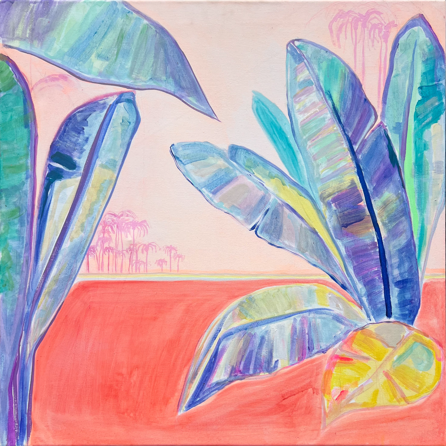 Blue Bananas, Red Sands 72cm x 72cm - Kathryn Sillince Artist