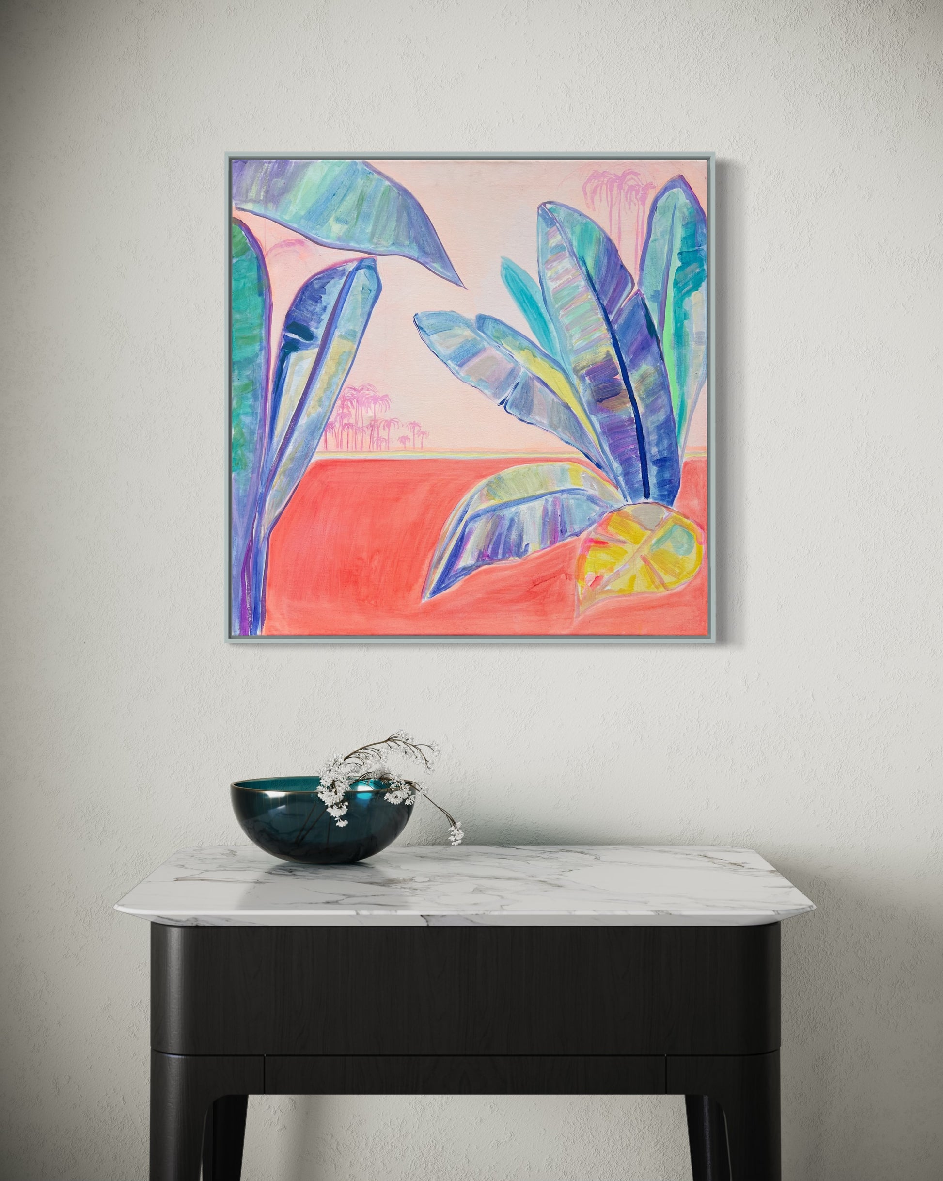 Blue Bananas, Red Sands 72cm x 72cm - Kathryn Sillince Artist