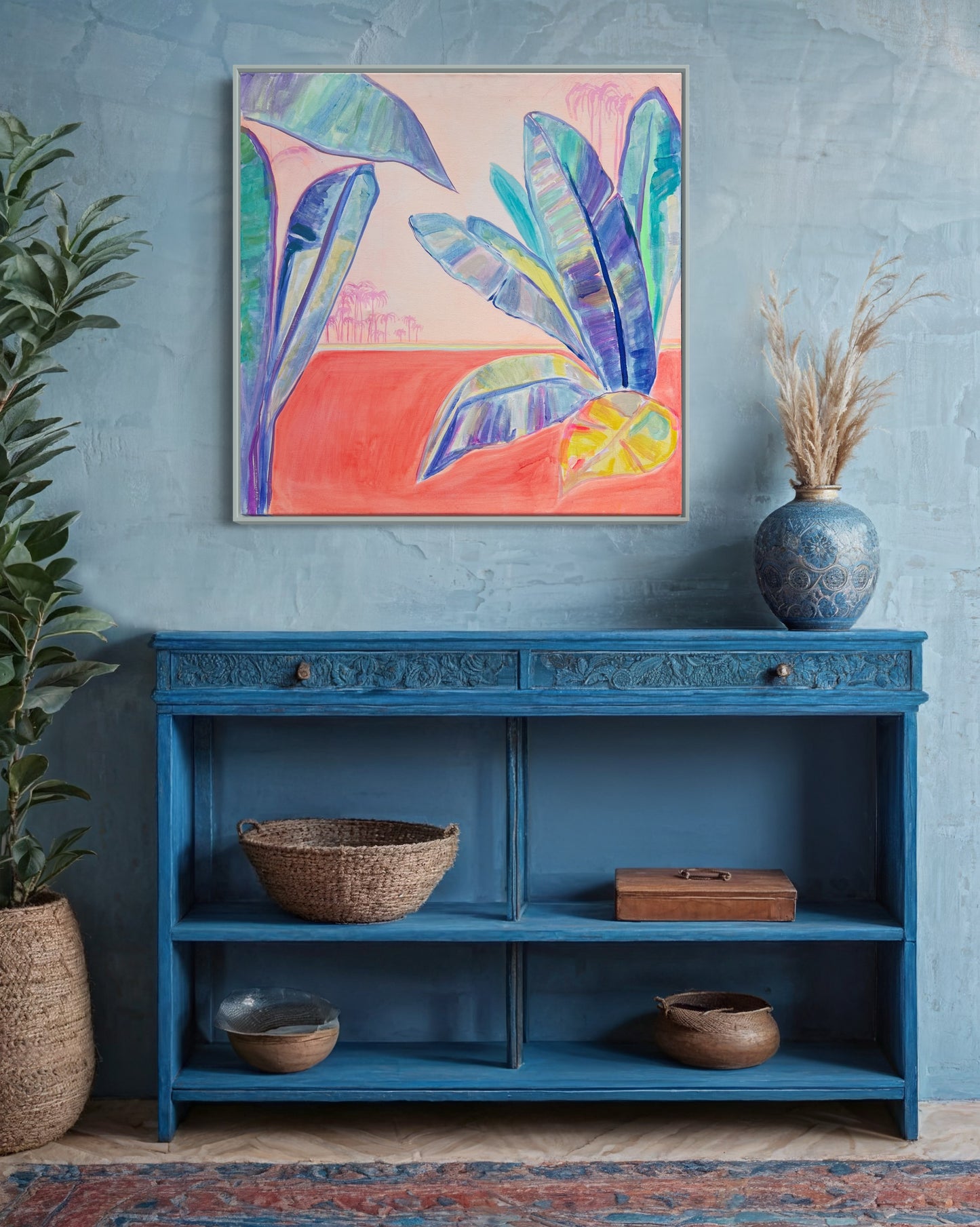 Blue Bananas, Red Sands 72cm x 72cm - Kathryn Sillince Artist