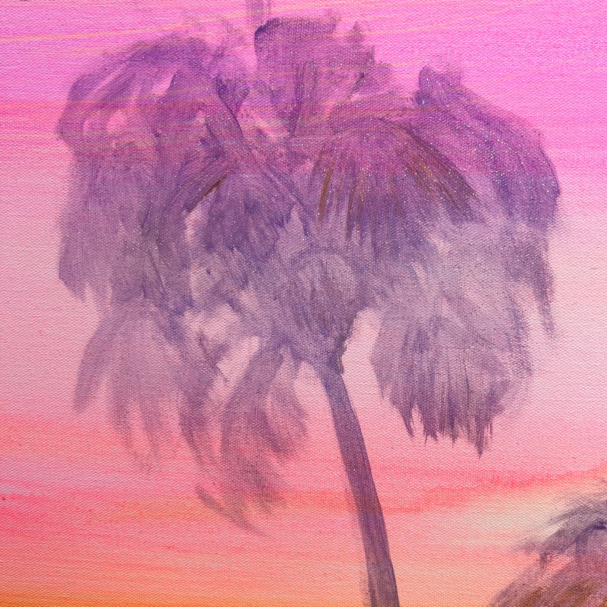 Painting of a palm tree against a pink and orange sky