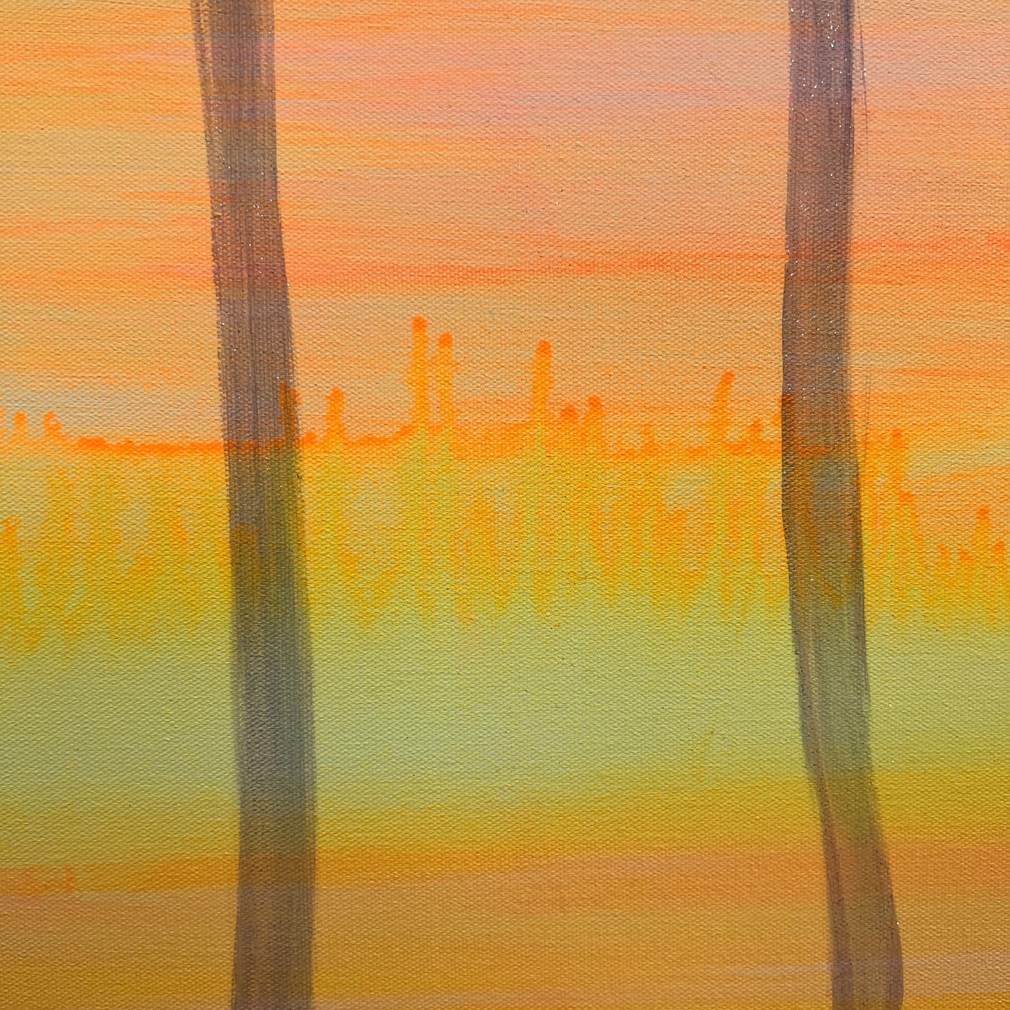 Abstract artwork with vertical stripes in orange, yellow, and green.