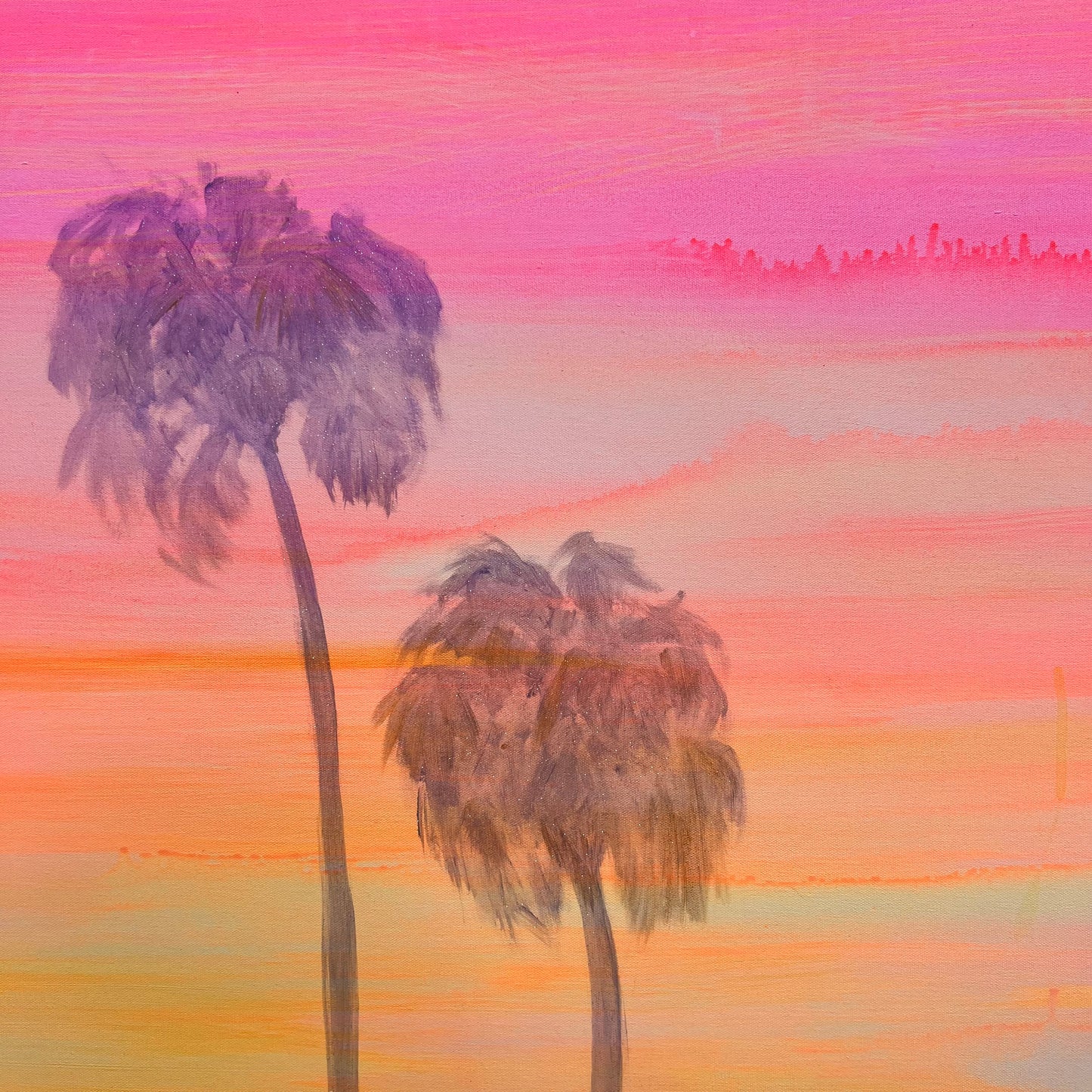 Two palm trees against a colorful sunset sky with pink, orange, and purple hues.