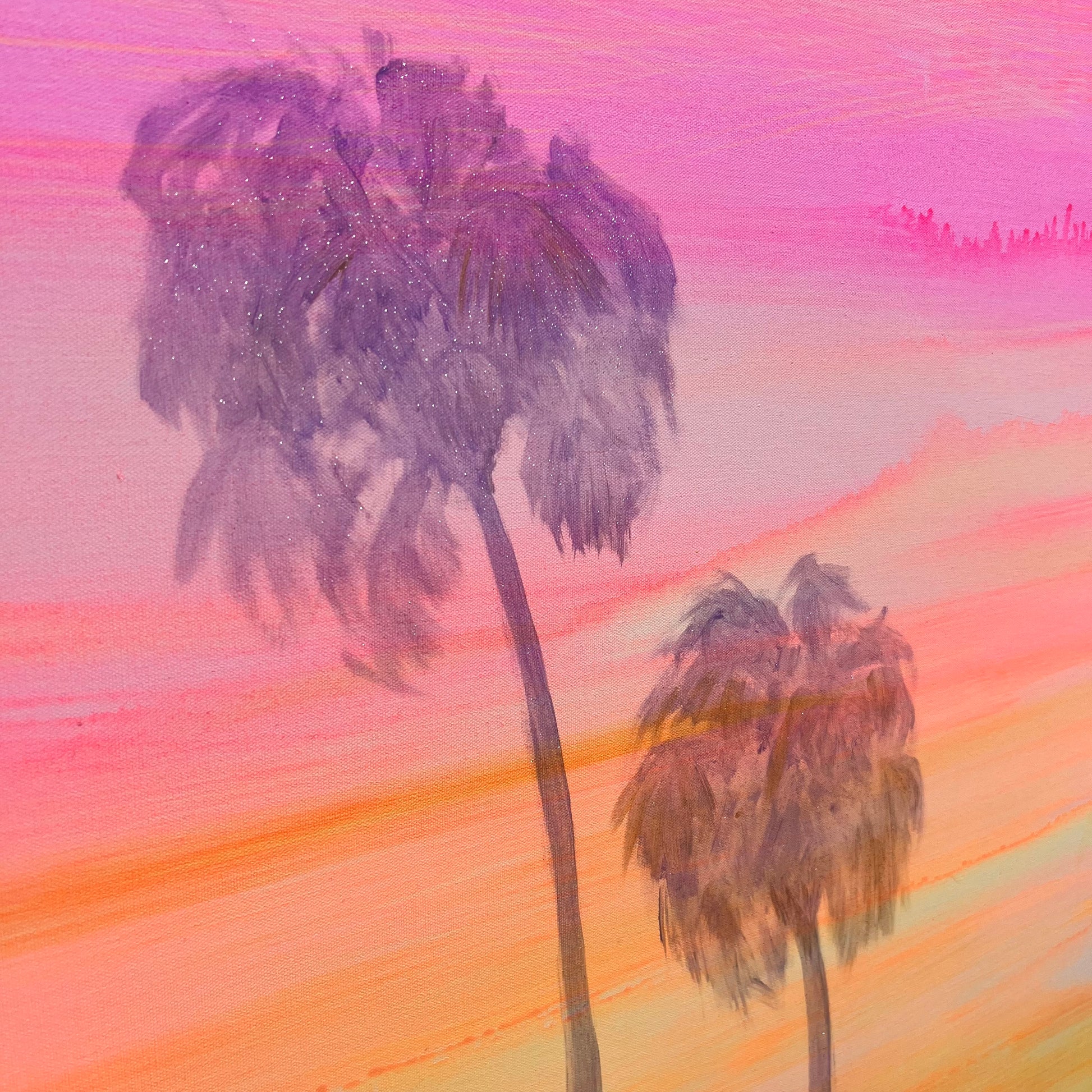 Artistic depiction of palm trees against a colorful sunset sky.