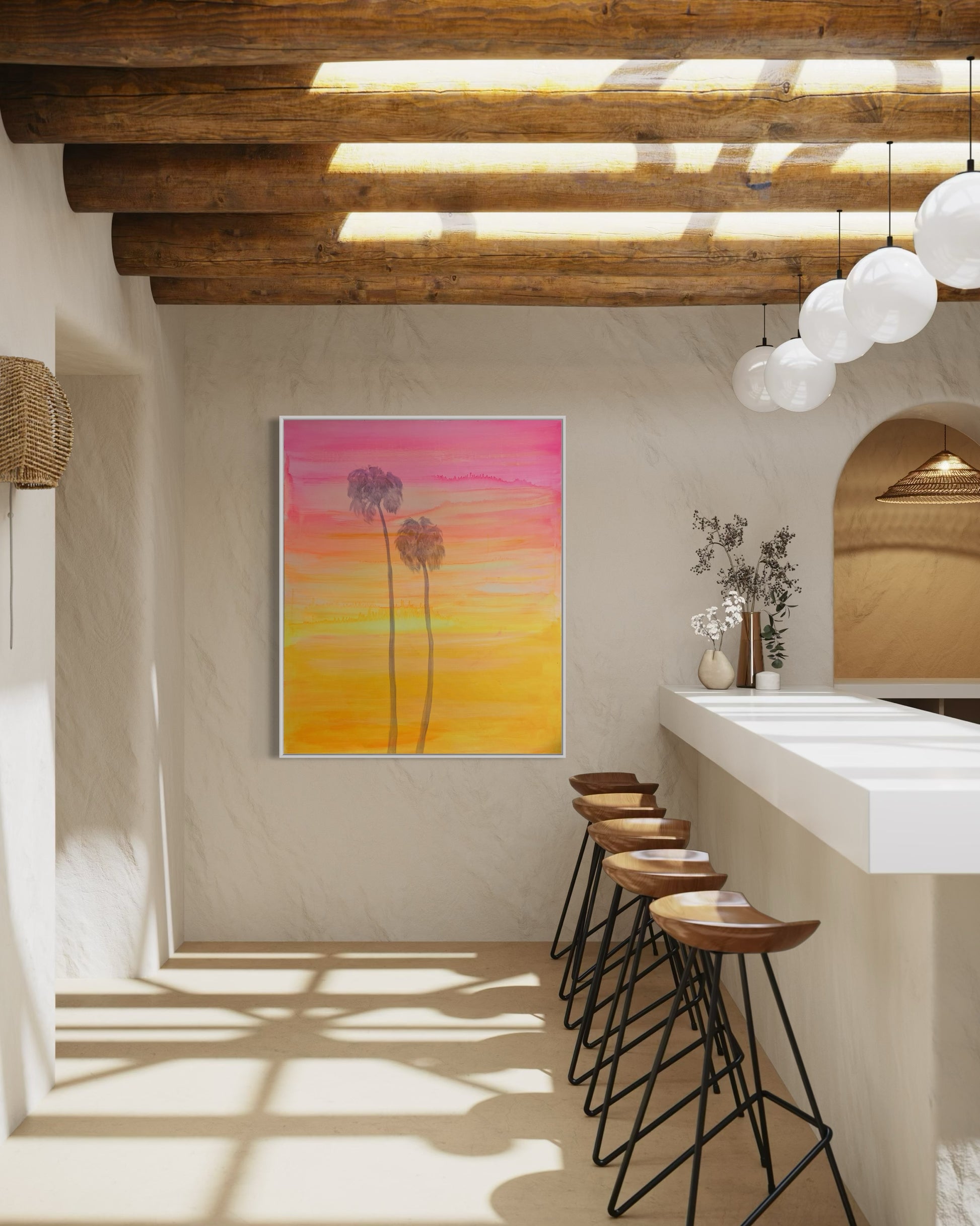 Modern interior with a colorful abstract painting on the wall, stools, and a counter.