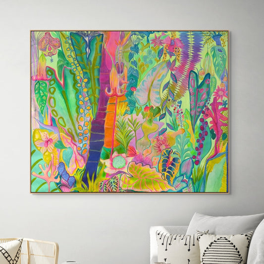 Living room with a colourful large botanical painting on the wall, white sofa, and decorative items.