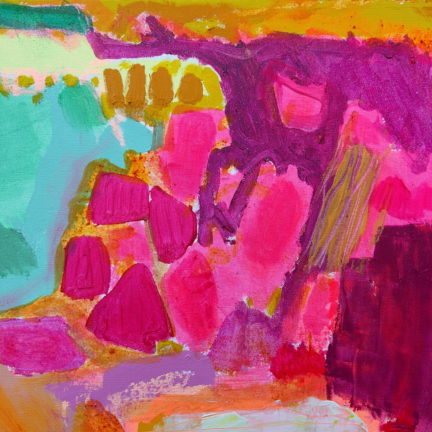 Colorful abstract painting with vibrant shades of pink, purple, and green.