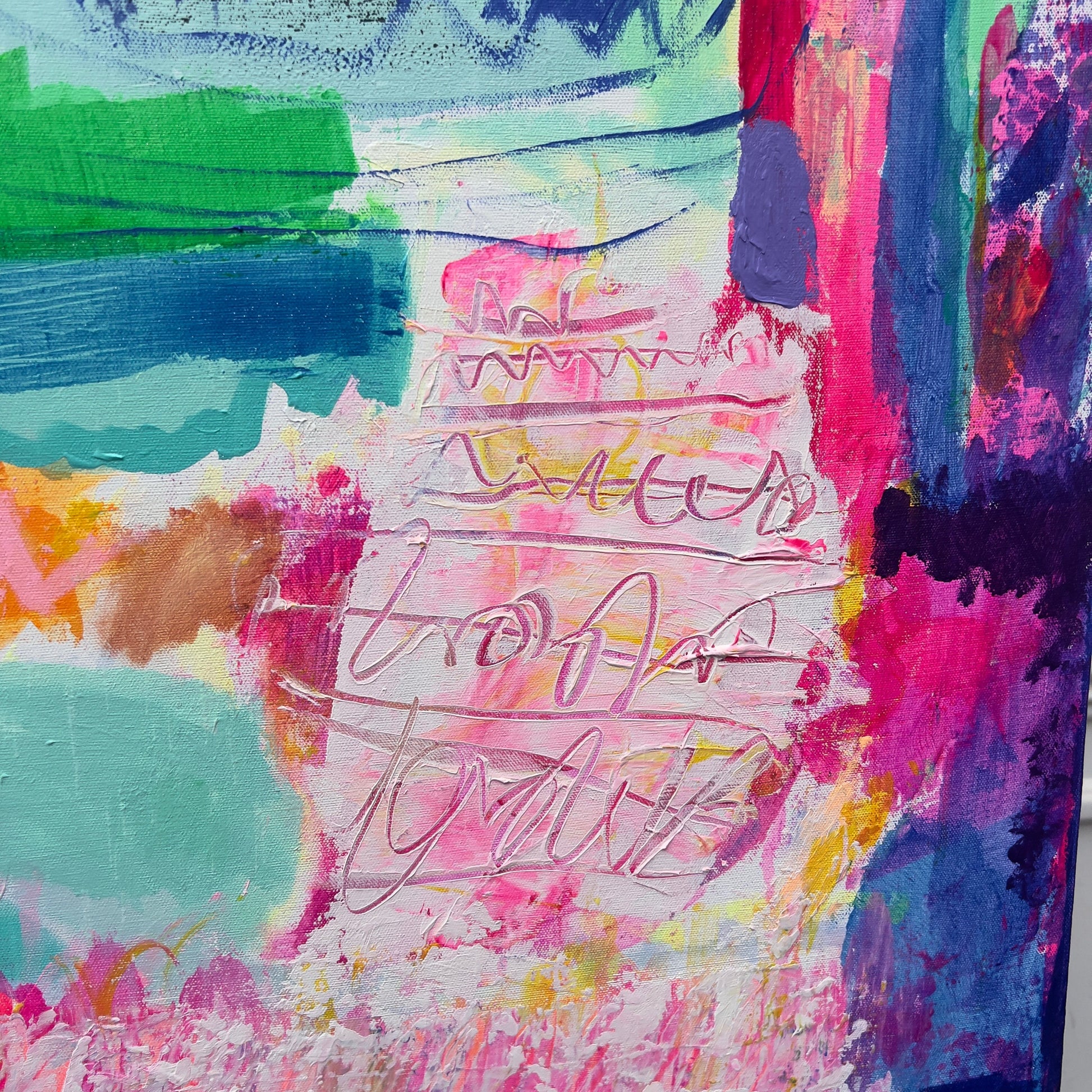 Abstract art with colorful brush strokes and text overlay