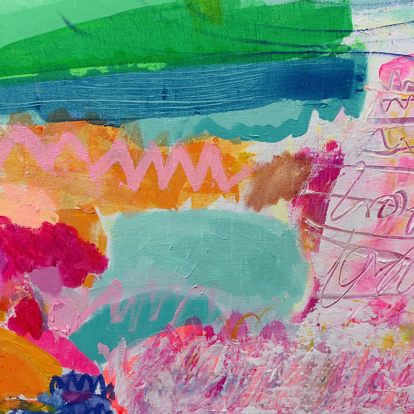 Abstract artwork by artist Kathryn Sillince with colorful brush strokes in green, blue, pink, orange, and red.