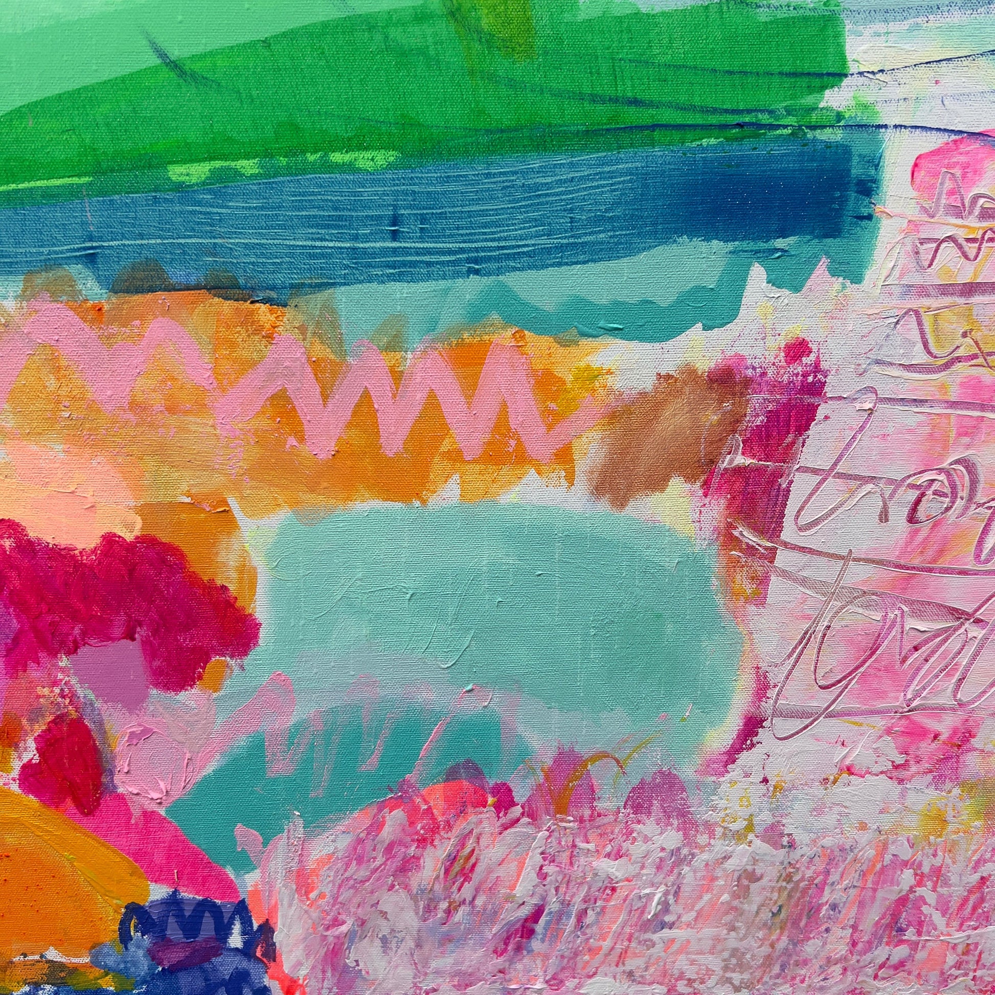 Abstract artwork by artist Kathryn Sillince with colorful brush strokes in green, blue, pink, orange, and red.