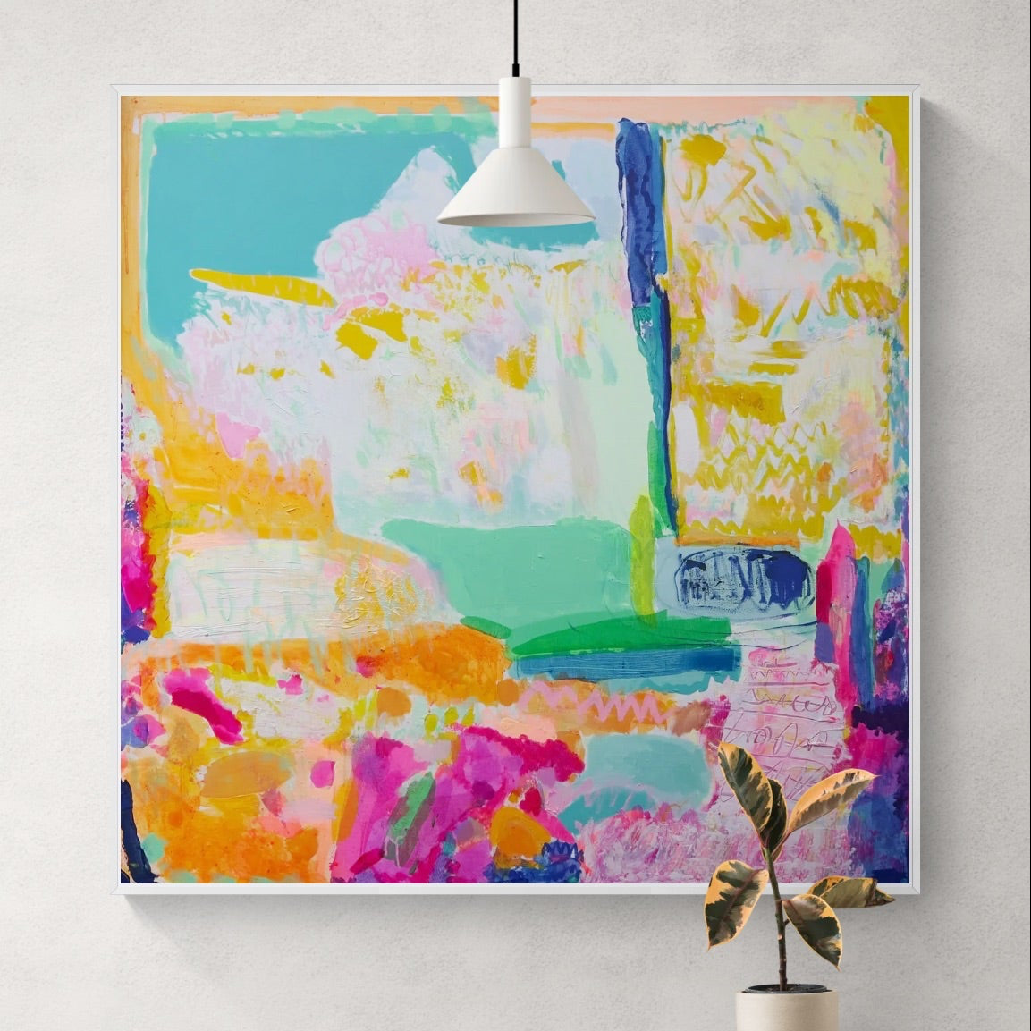 Colorful abstract art on a wall above a wooden console table.