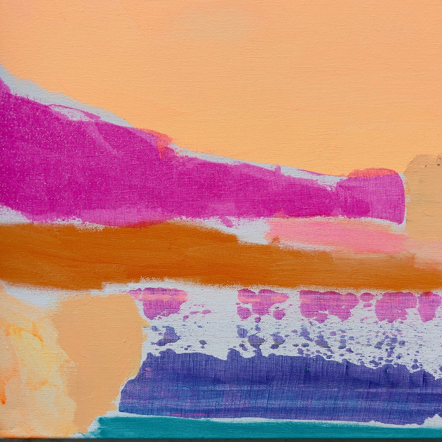 Abstract art with purple, orange, and blue brush strokes on a textured surface.