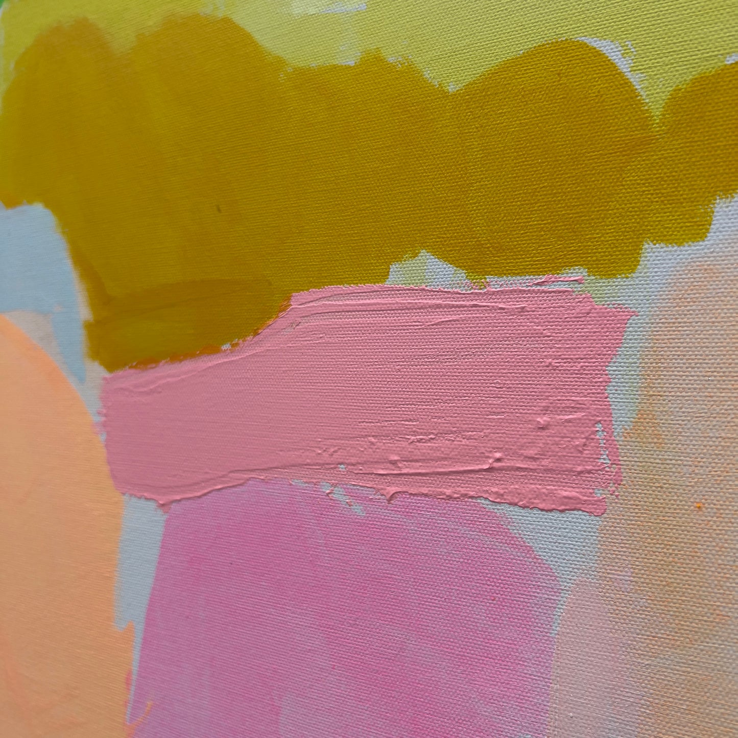 Abstract art with pink, yellow, and orange brush strokes on a textured surface