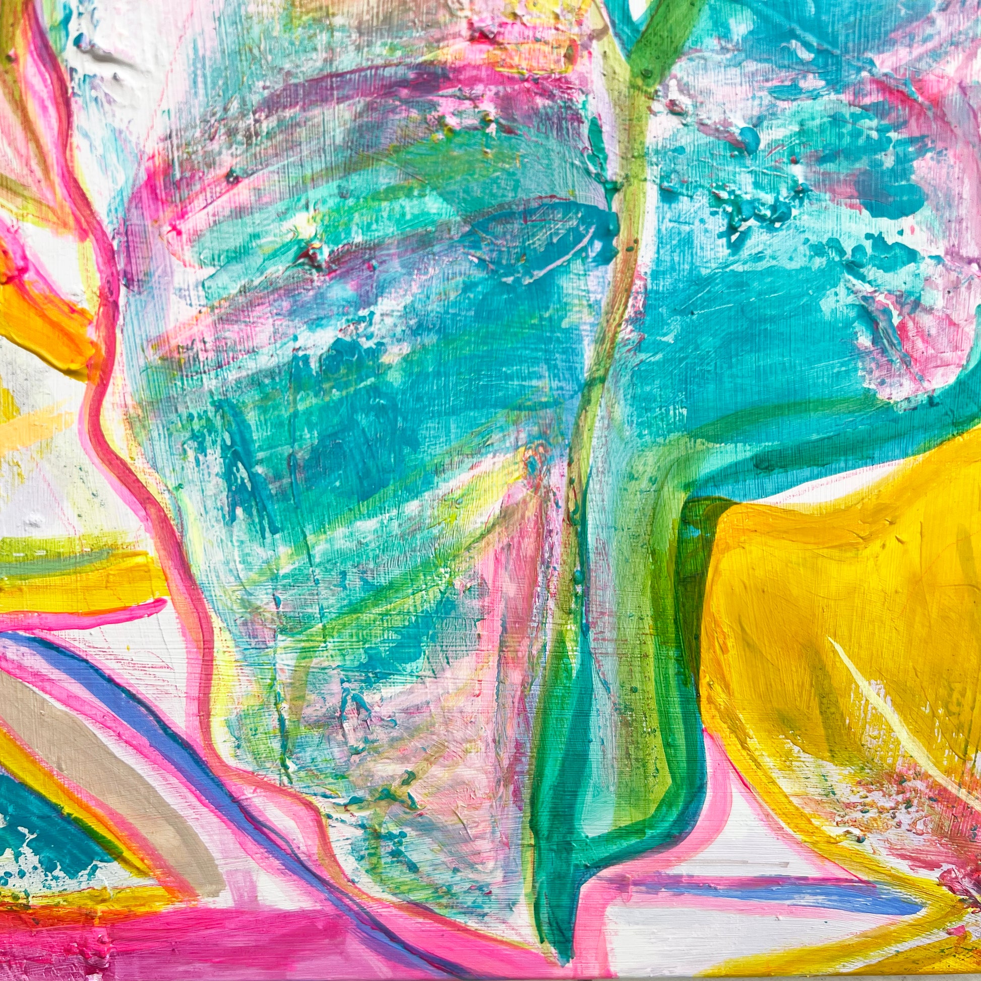 'Rainbow Alocasia Leaves I'  41cm x 41cm - Kathryn Sillince Artist