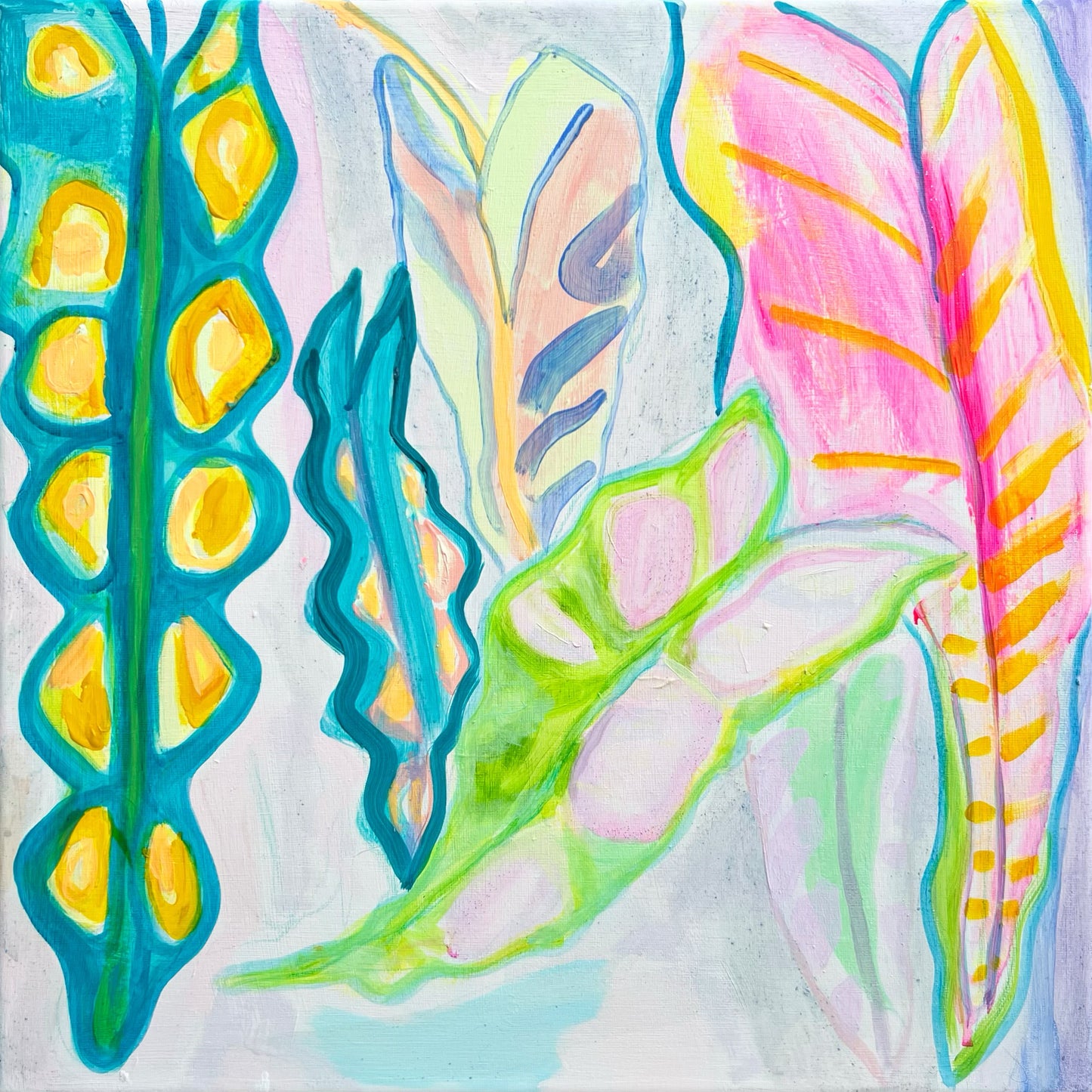 'Rainbow Alocasia Leaves III'  41cm x 41cm - Kathryn Sillince Artist