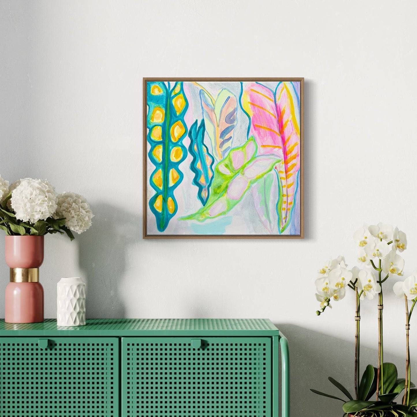 'Rainbow Alocasia Leaves III'  41cm x 41cm - Kathryn Sillince Artist