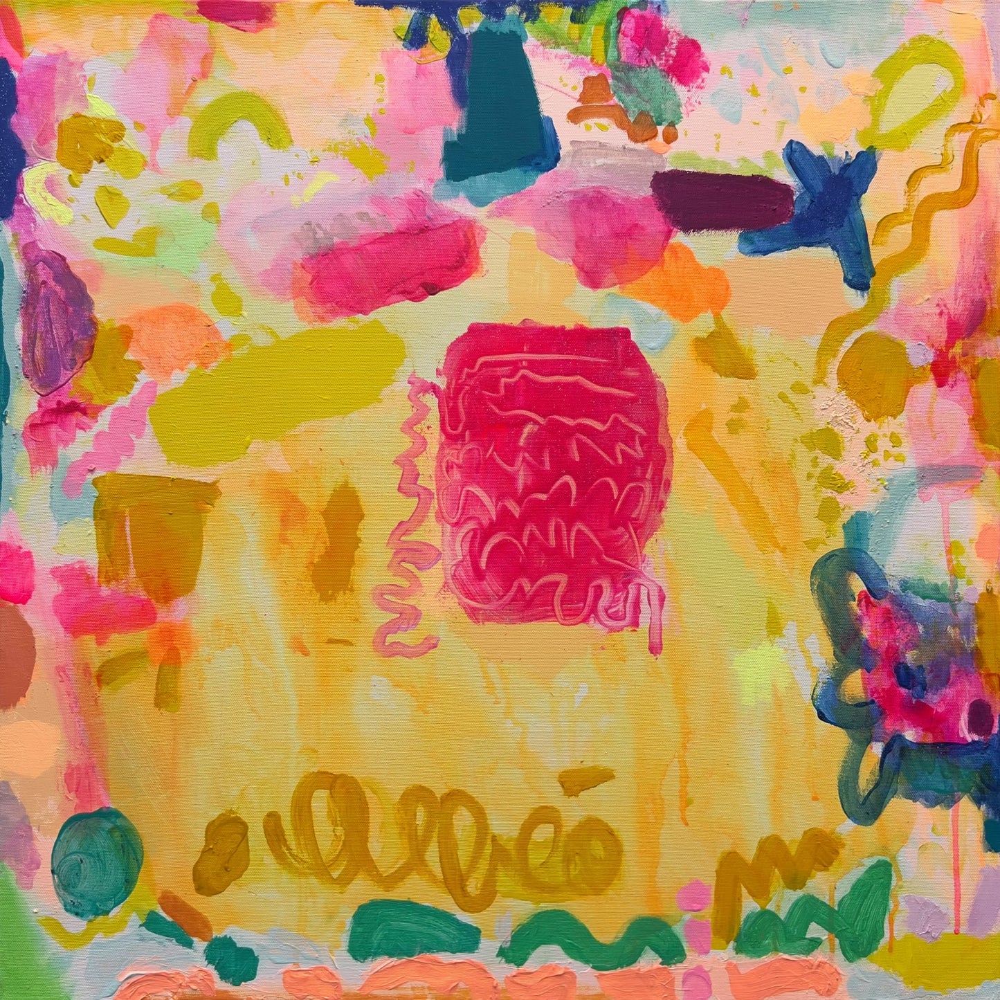 Colorful abstract painting with a prominent pink shape and 'Albero' branding.