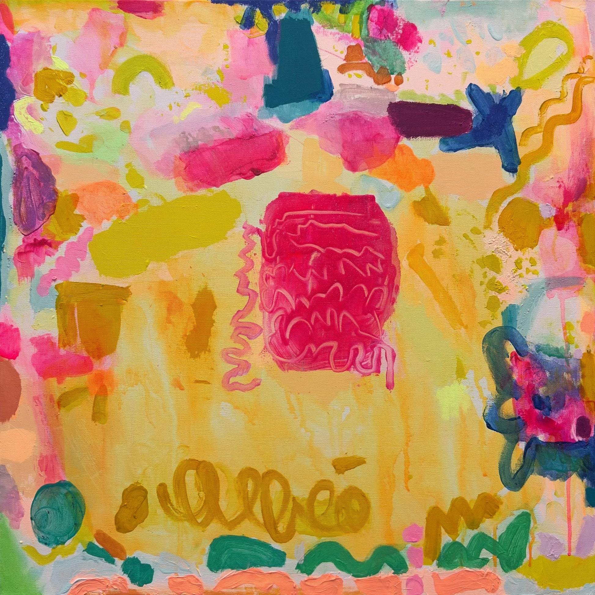 Colorful abstract painting with a prominent pink shape and 'Albero' branding.