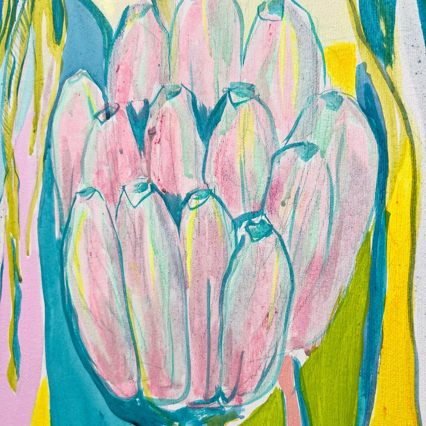 'Teal and Yellow Banana Study'  51cm x 51cm - Kathryn Sillince Artist