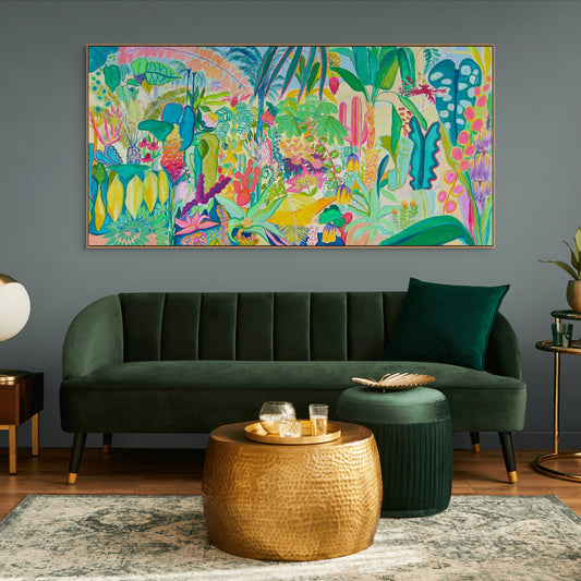 Colorful canvas print of the Everlasting Eden artwork by Kathryn Sillince, printed by Printumo, featuring vibrant nature-inspired imagery.