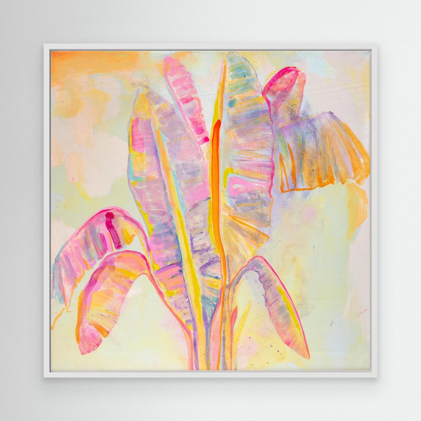 Colorful Peachy Banana Dreams canvas print by Printumo featuring vibrant, whimsical banana and peach illustrations on textured canvas.