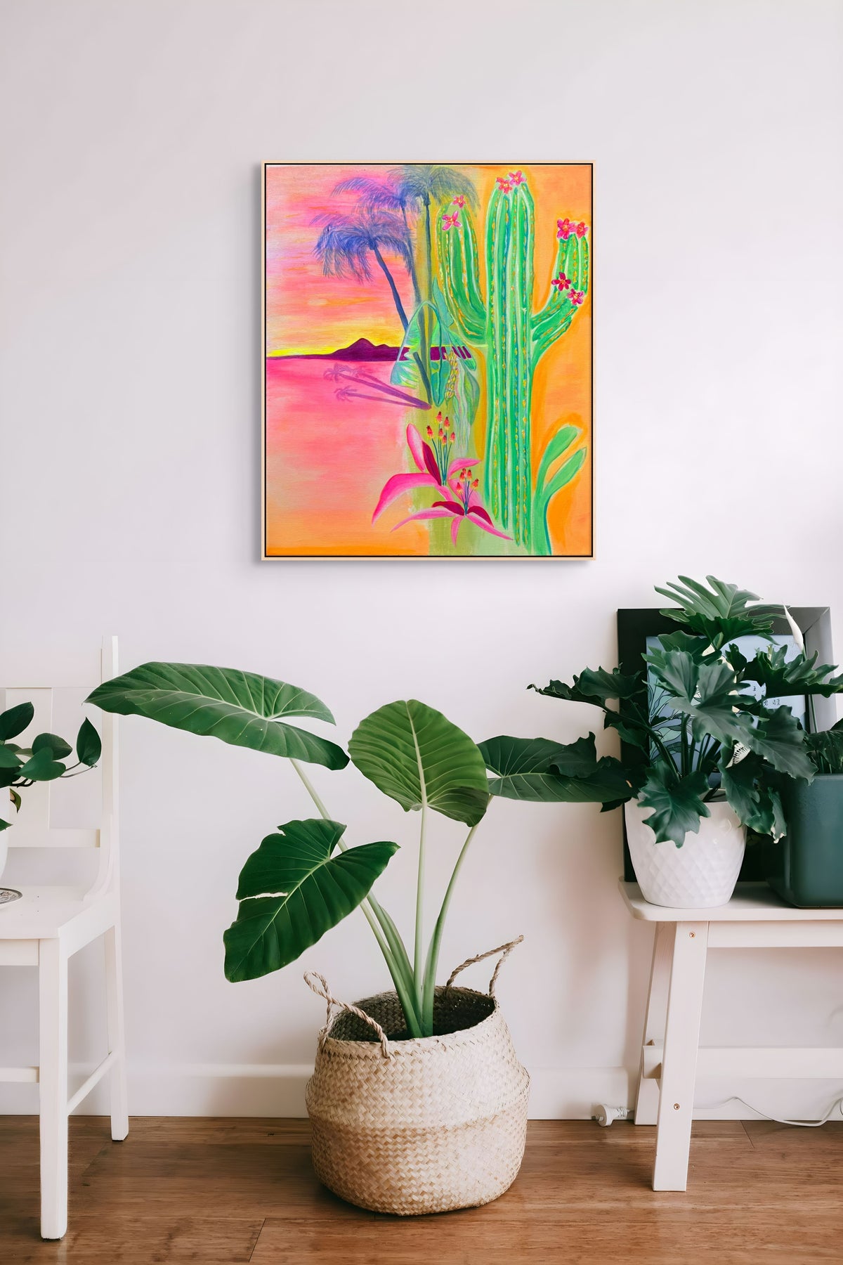Colorful canvas print titled "Mirage Over Malabar" by Printumo, showcasing vibrant desert and mountain landscape artwork.