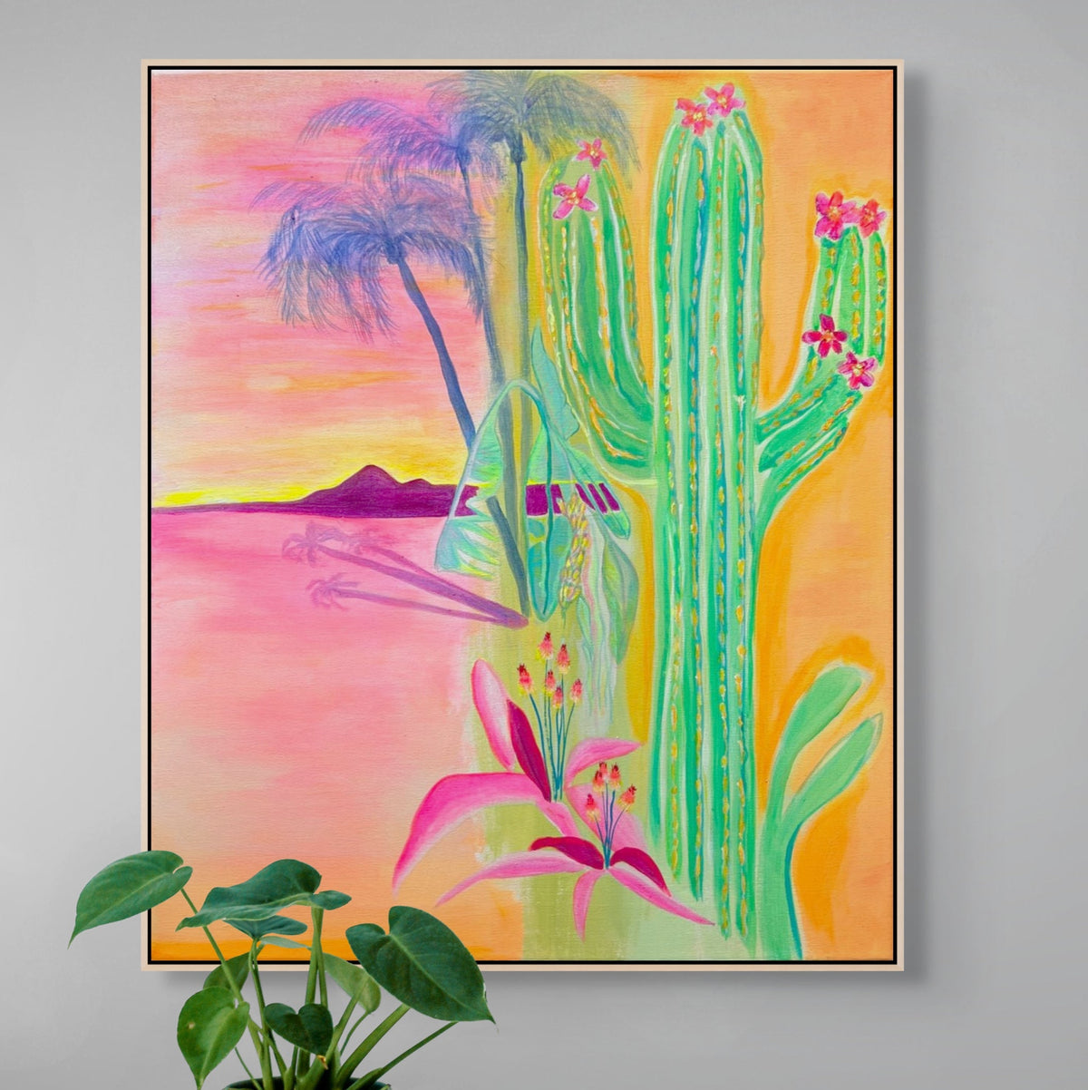 Colorful canvas print titled 'Mirage Over Malabar' by Printumo, showcasing a vibrant coastal scene with lush greenery and ocean views.