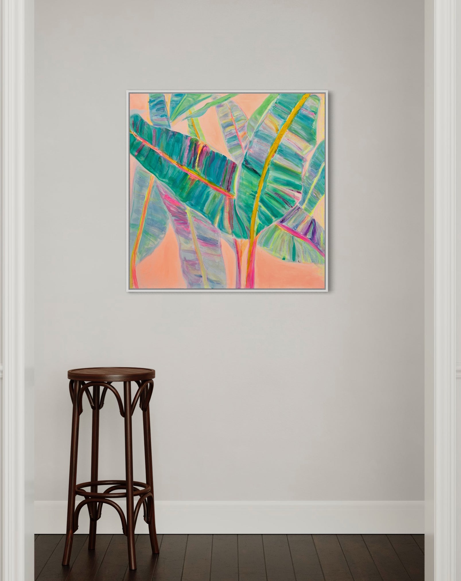 Colorful rainbow banana leaves paper print by Kathryn Sillince Artist, showcasing vibrant tropical leaf artwork.