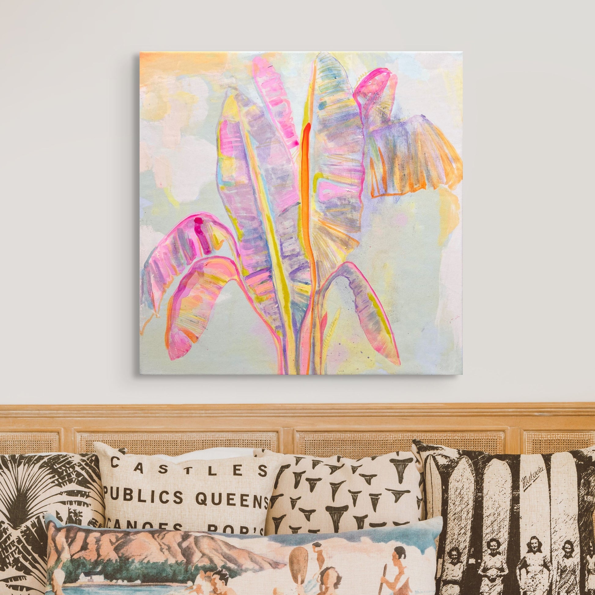 Peachy Banana Dreams canvas print by Printumo featuring vibrant banana and peach illustrations on textured canvas surface