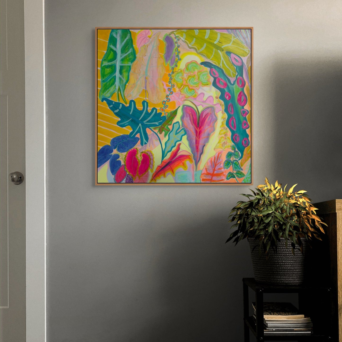 Colorful paper print titled "The Yellow Shutter" by Kathryn Sillince Artist, showcasing vibrant yellow and artistic design.