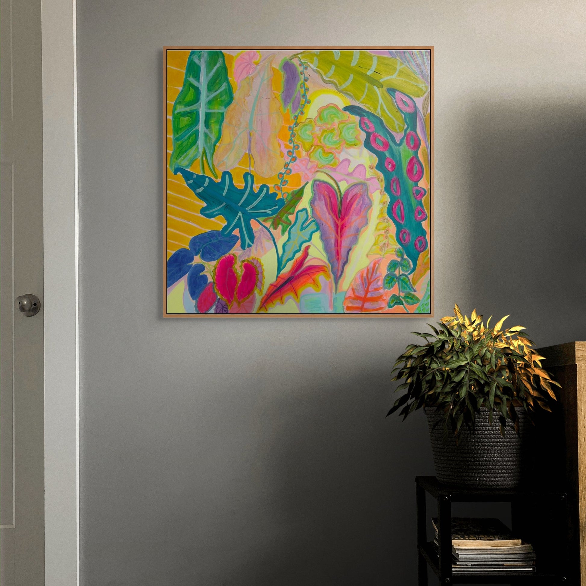 Colorful paper print titled "The Yellow Shutter" by Kathryn Sillince Artist, showcasing vibrant yellow and artistic design.