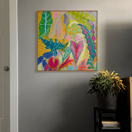 Colorful paper print titled "The Yellow Shutter" by Kathryn Sillince Artist, showcasing vibrant yellow and artistic design.