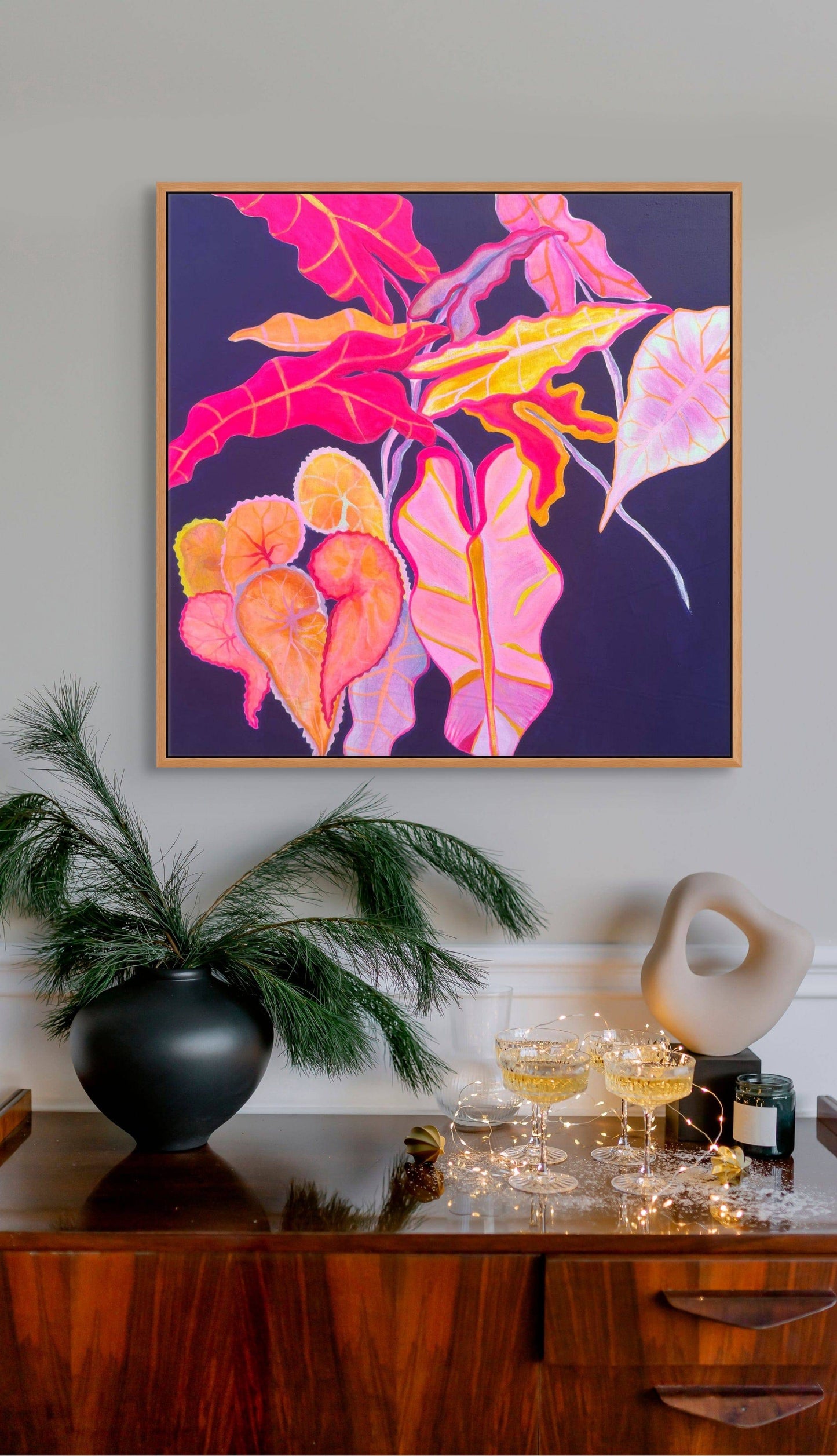 'Begonia, Alocasia Still Life' 70cm x 70cm - Kathryn Sillince Artist